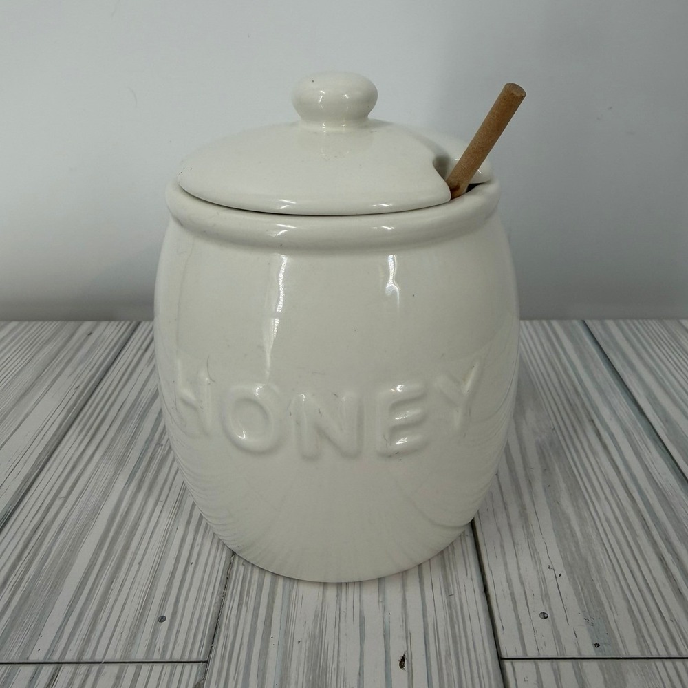 Sur La Table White Ceramic Honey Pot Jar Wooden Dipper and‎ Lid Embossed Honey